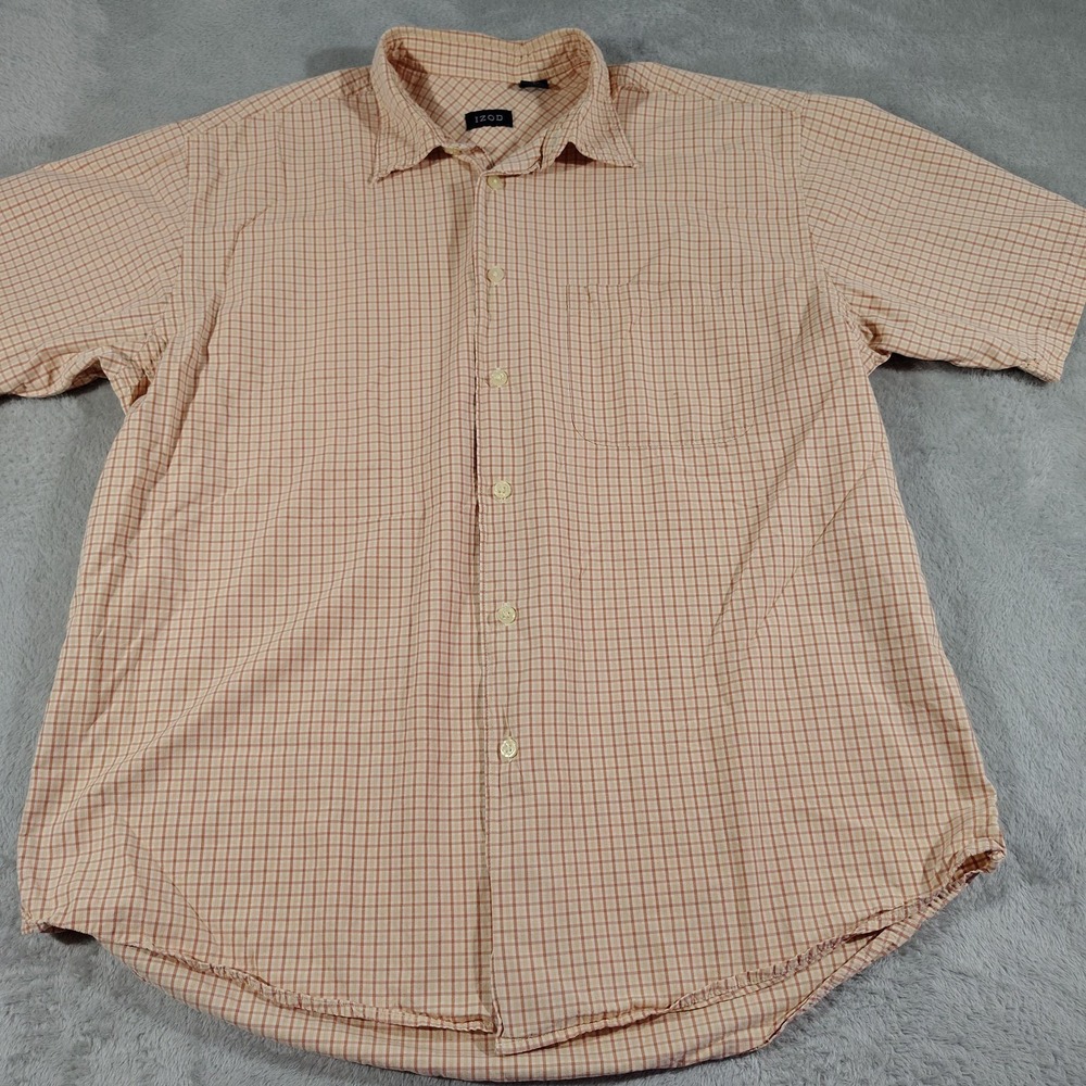 Izod‎ Shirt Men L Peach Plaid Office Work Dad Nerd Summer Short Sleeve Lite